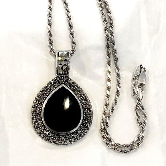 Vintage Onyx Marcasite and Sterling Silver Tear Drop Shaped...